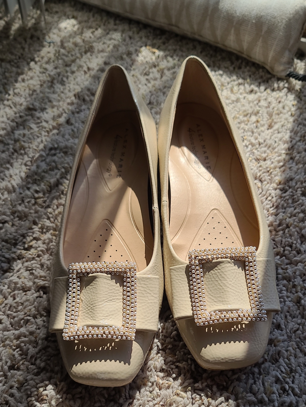 Alex Marie Cream Square-Toe Flats with Pearl Buckles